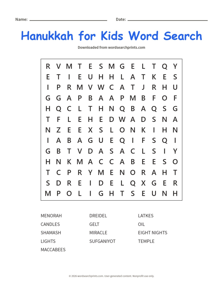 Hanukkah for Kids Word Search printable worksheet preview