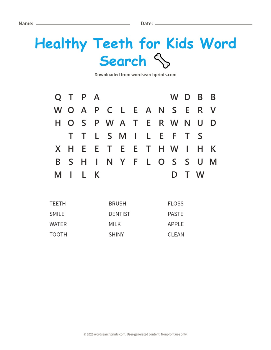 Healthy Teeth for Kids Word Search