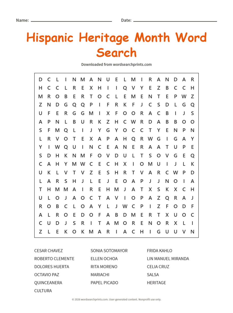 Hispanic Heritage Month Word Search