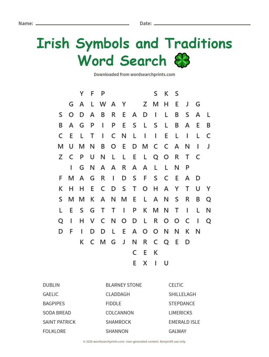 Irish Symbols and Traditions Word Search