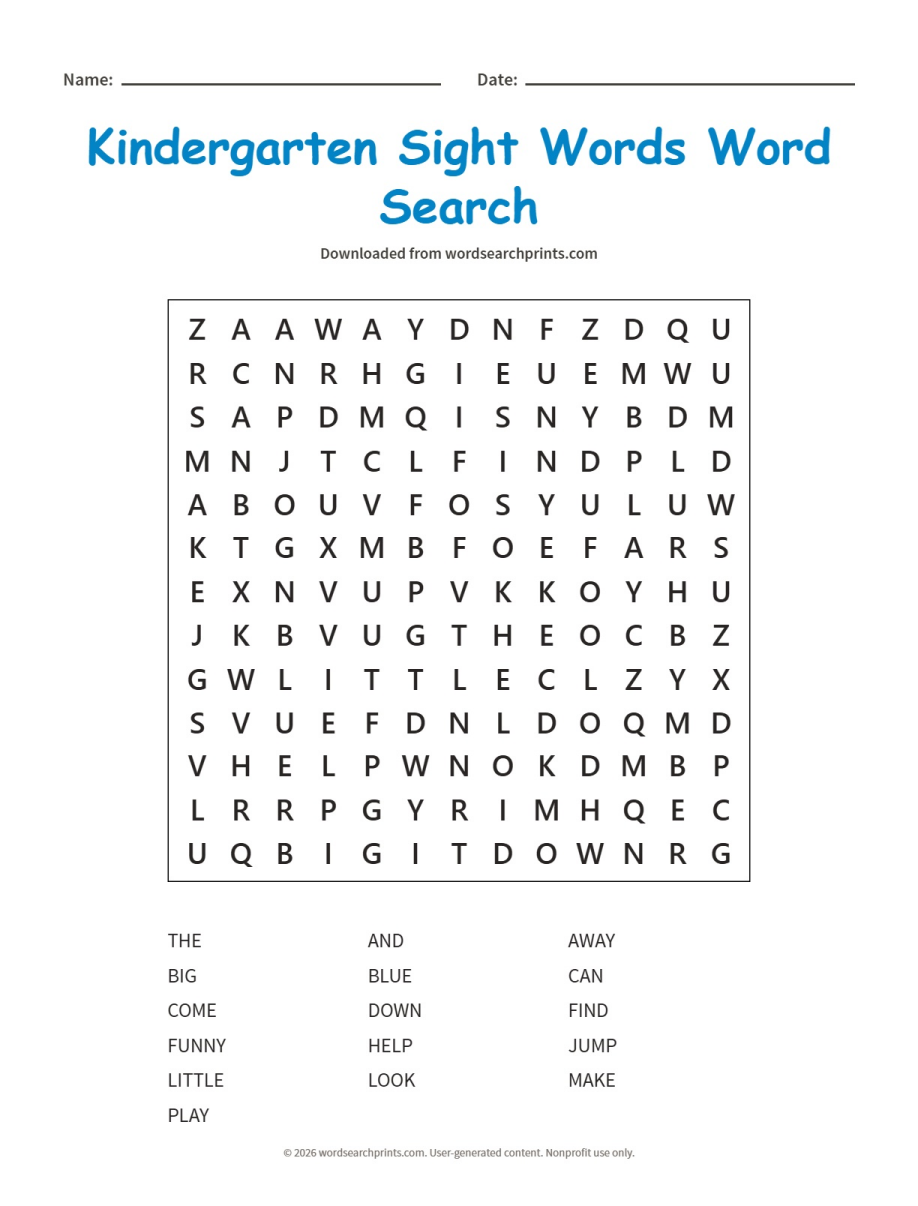 Kindergarten Sight Words Word Search
