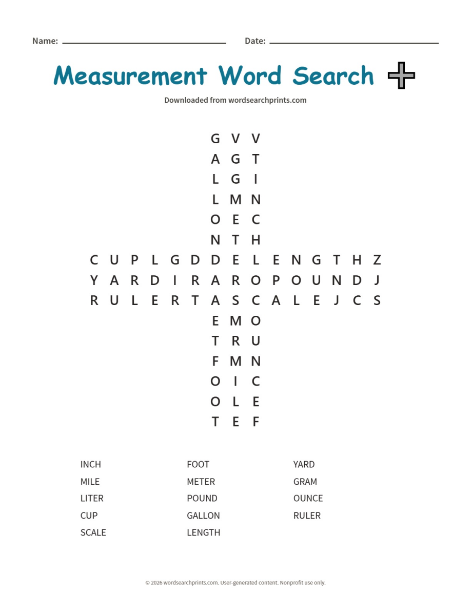 Measurement Word Search printable worksheet preview