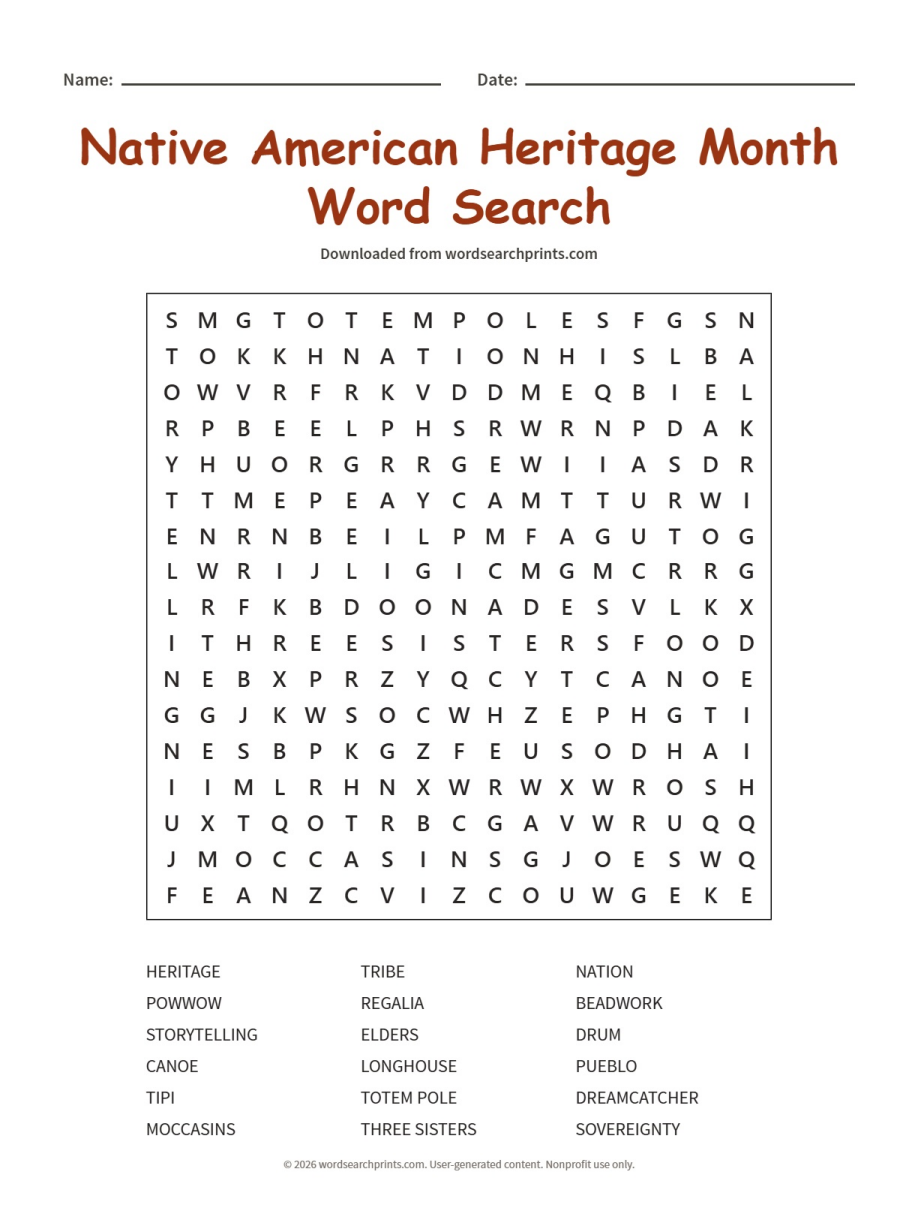 Native American Heritage Month Word Search