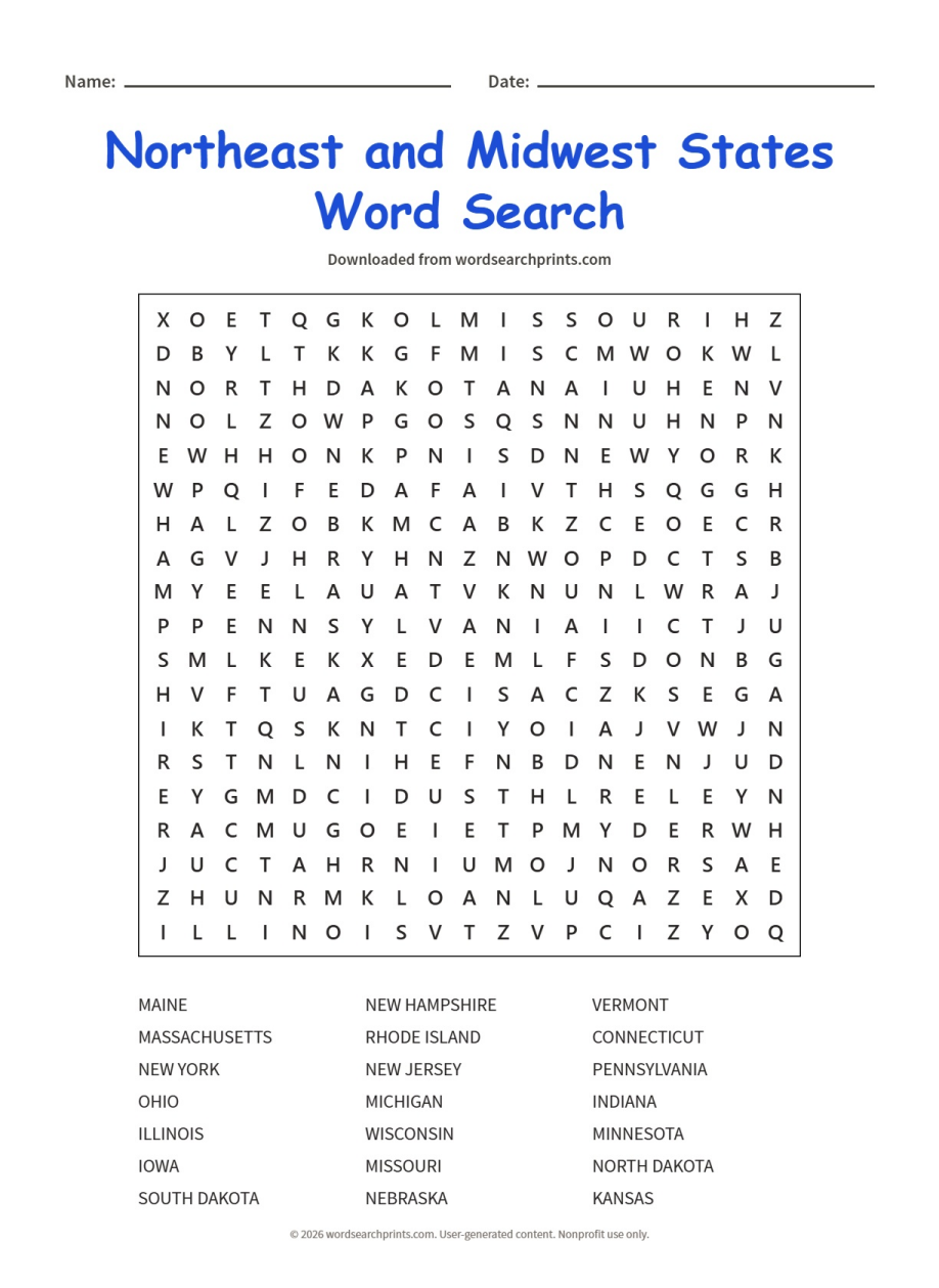 Northeast and Midwest States Word Search
