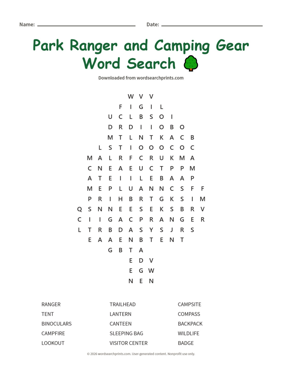 Park Ranger and Camping Gear Word Search