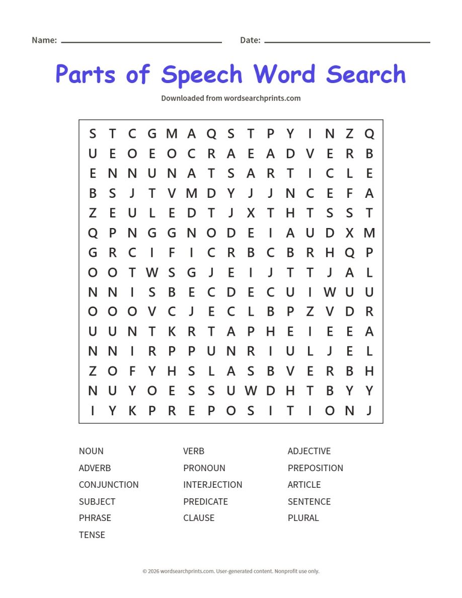 Parts of Speech Word Search