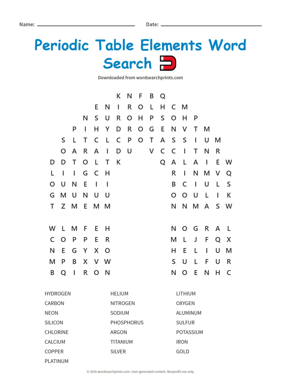 Periodic Table Elements Word Search printable worksheet preview