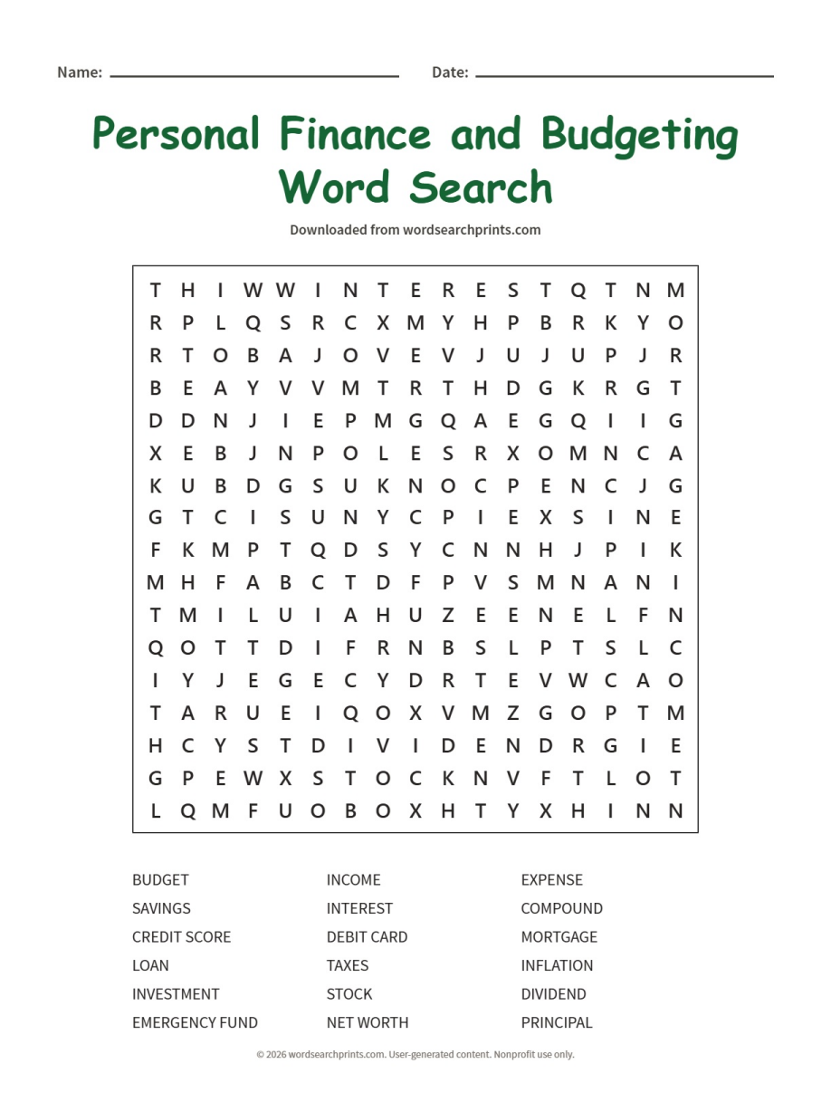Personal Finance and Budgeting Word Search