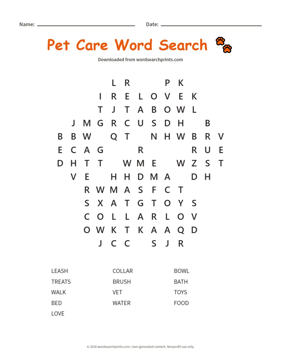 Pet Care Word Search