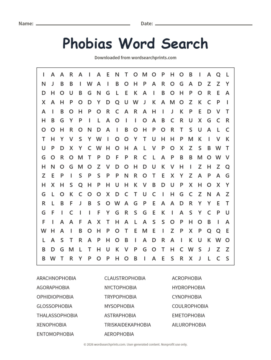 Phobias Word Search printable worksheet preview