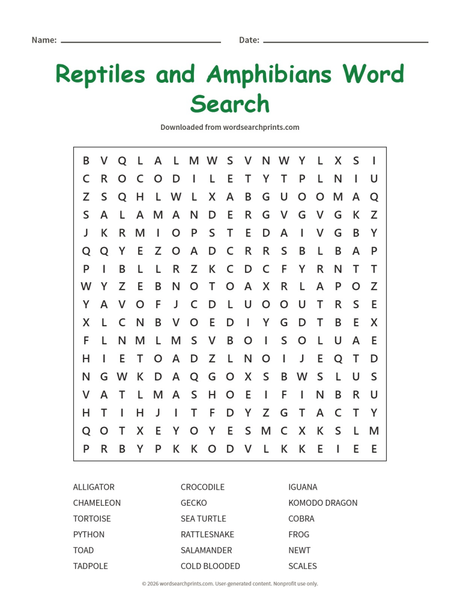 Reptiles and Amphibians Word Search