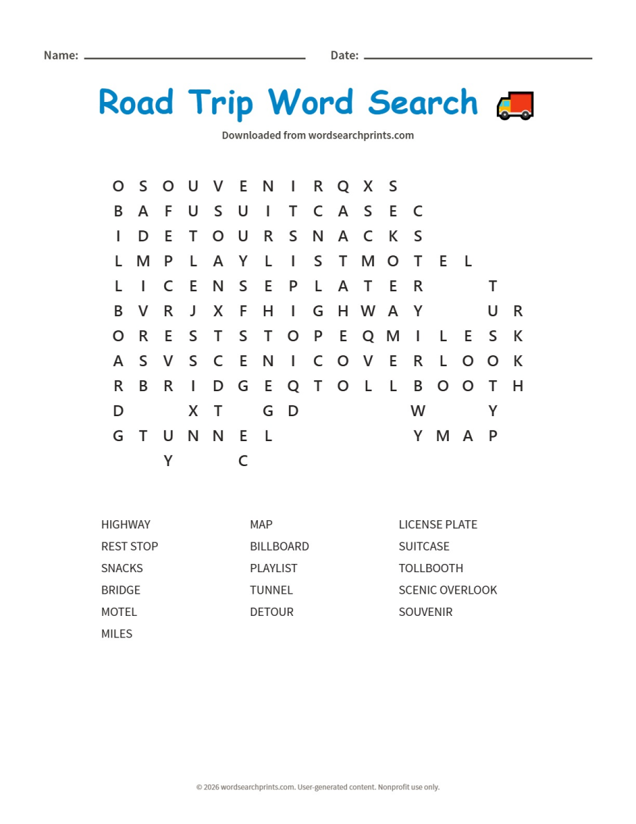 Road Trip Word Search
