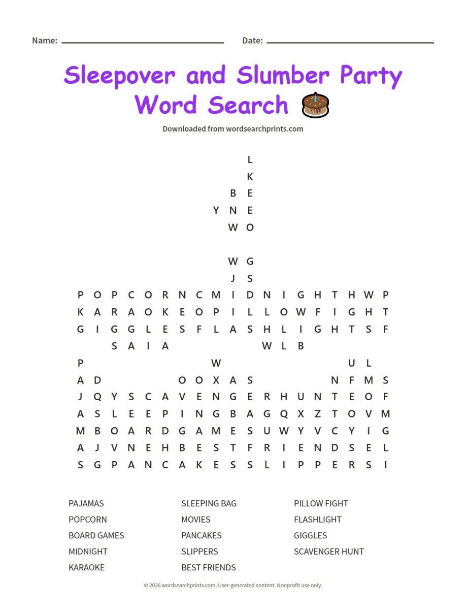 Sleepover and Slumber Party Word Search