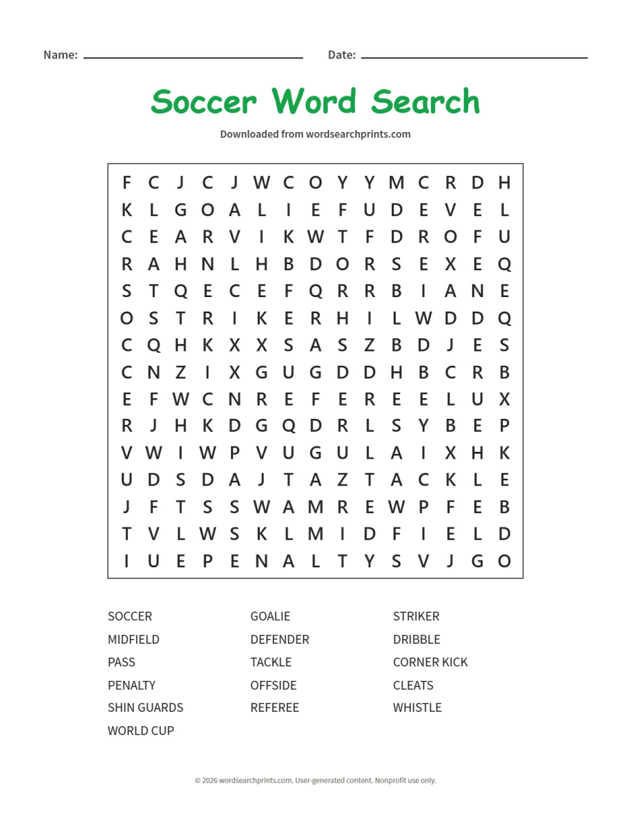 Soccer Word Search printable worksheet preview