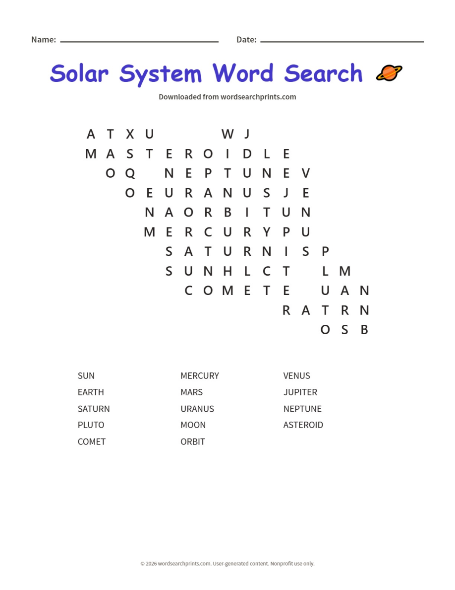 Solar System Word Search printable worksheet preview