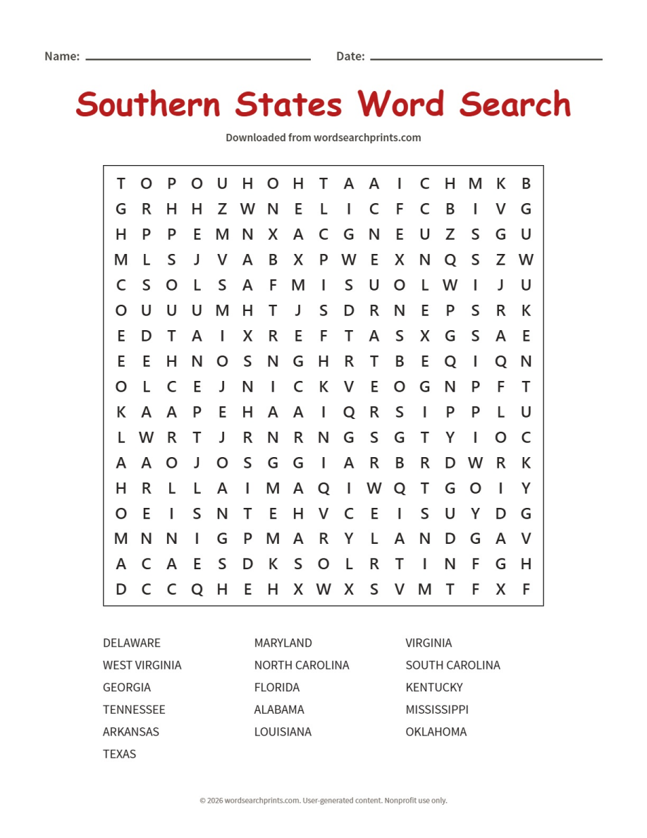 Southern States Word Search
