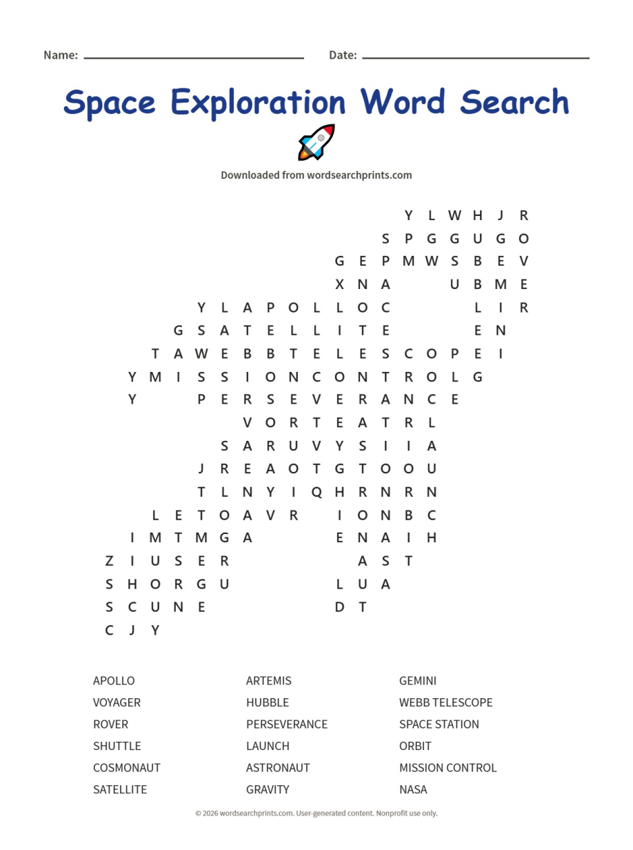 Space Exploration Word Search printable worksheet preview