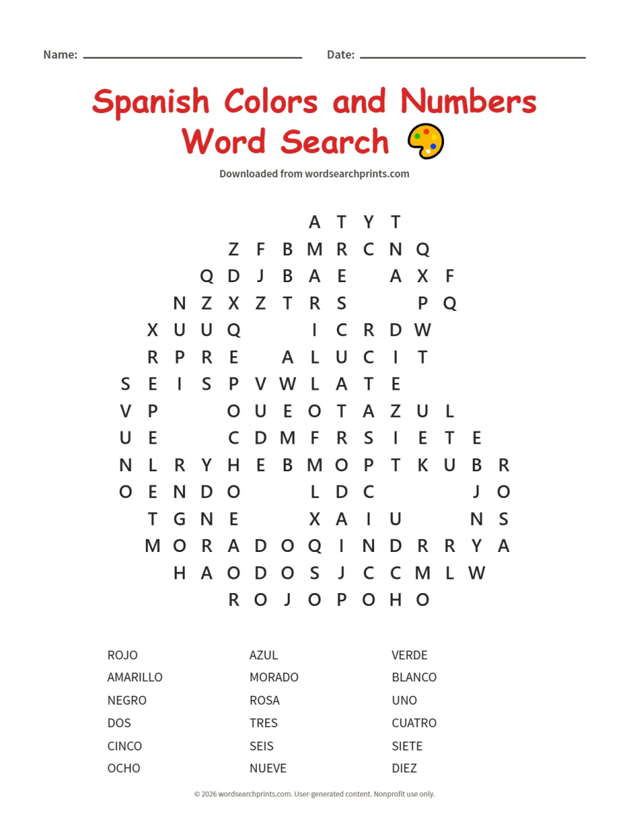 Spanish Colors and Numbers Word Search