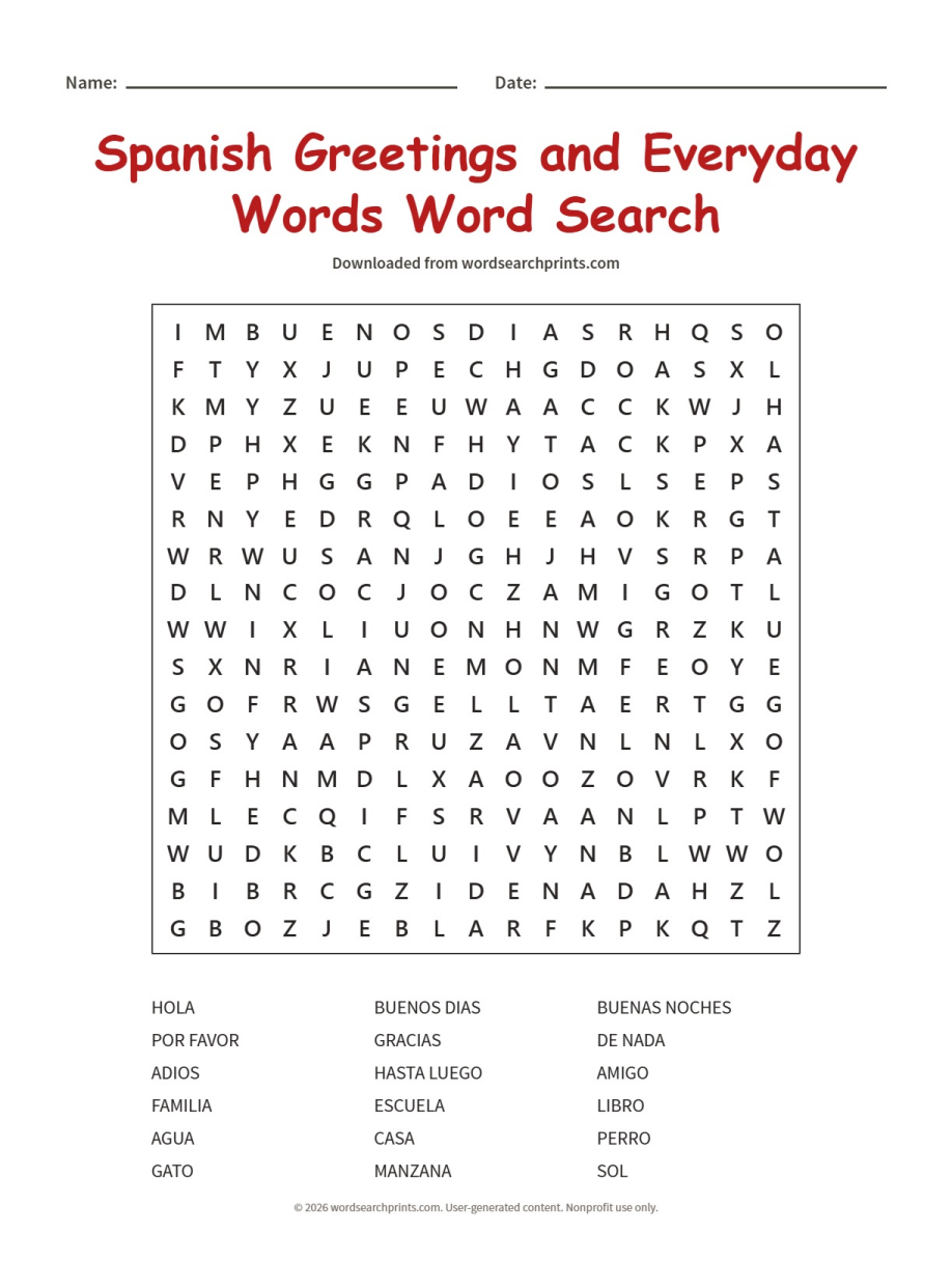 Spanish Greetings and Everyday Words Word Search