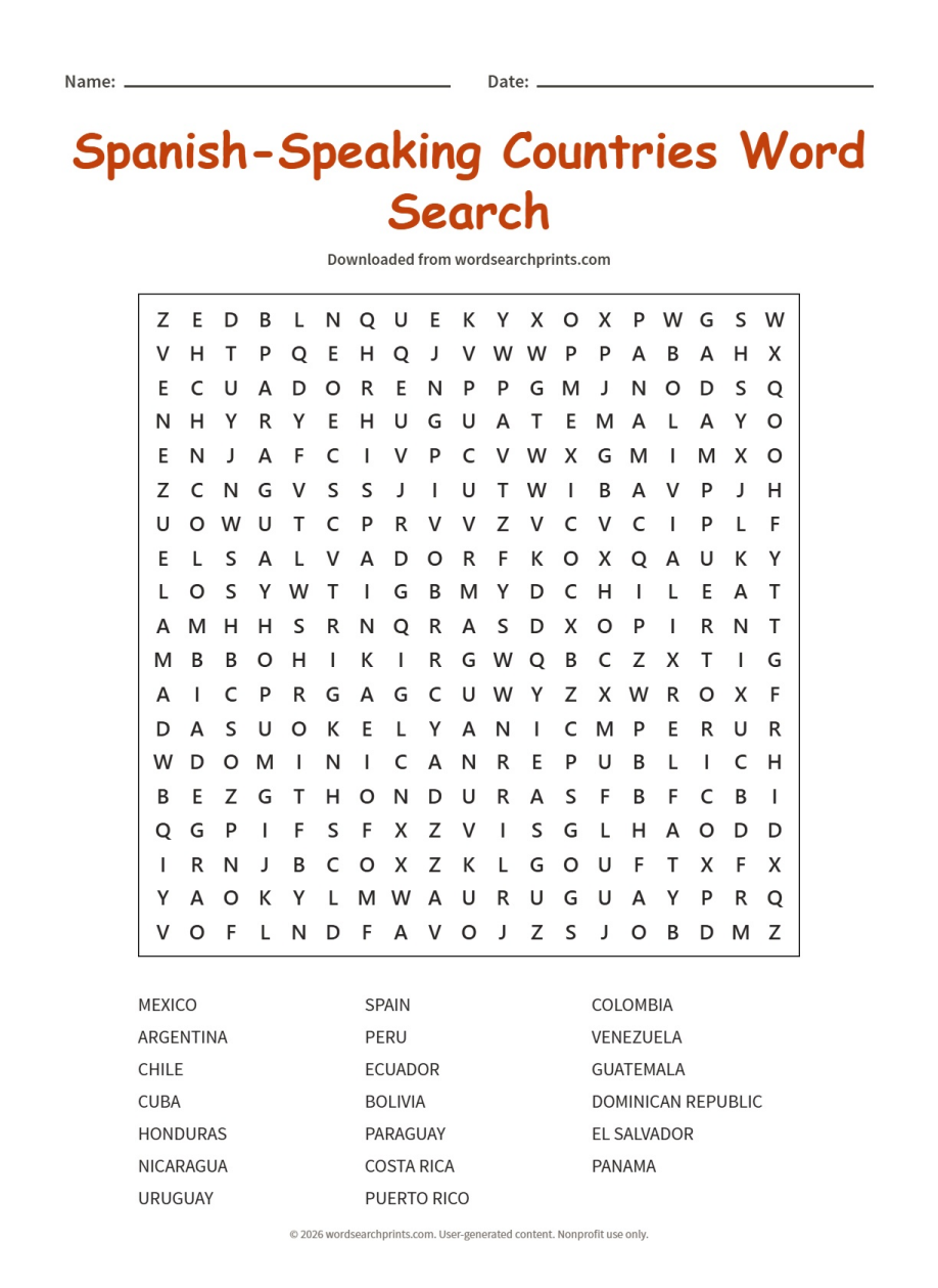 Spanish-Speaking Countries Word Search