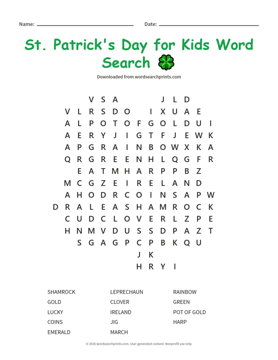 St. Patrick's Day for Kids Word Search