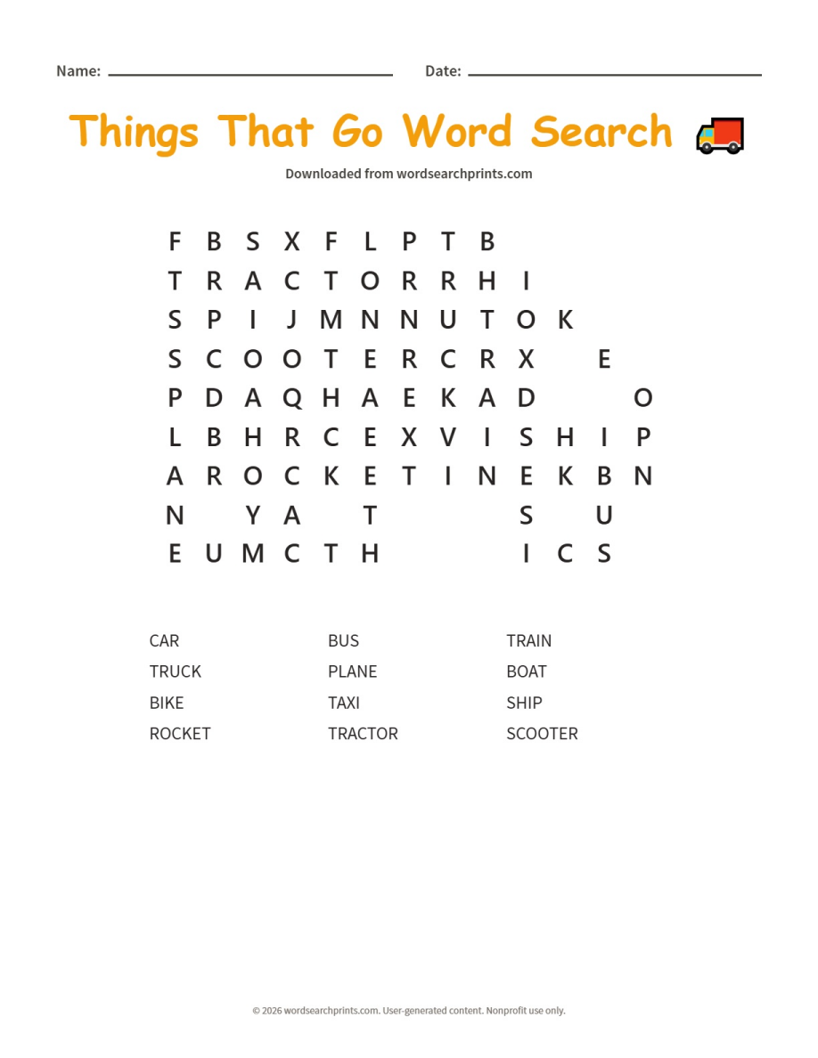 Things That Go Word Search