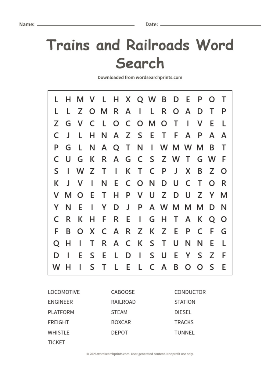 Trains and Railroads Word Search