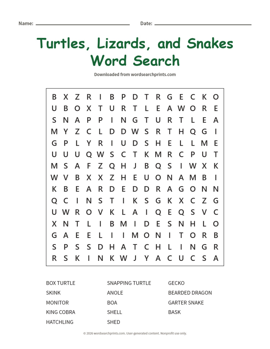 Turtles, Lizards, and Snakes Word Search