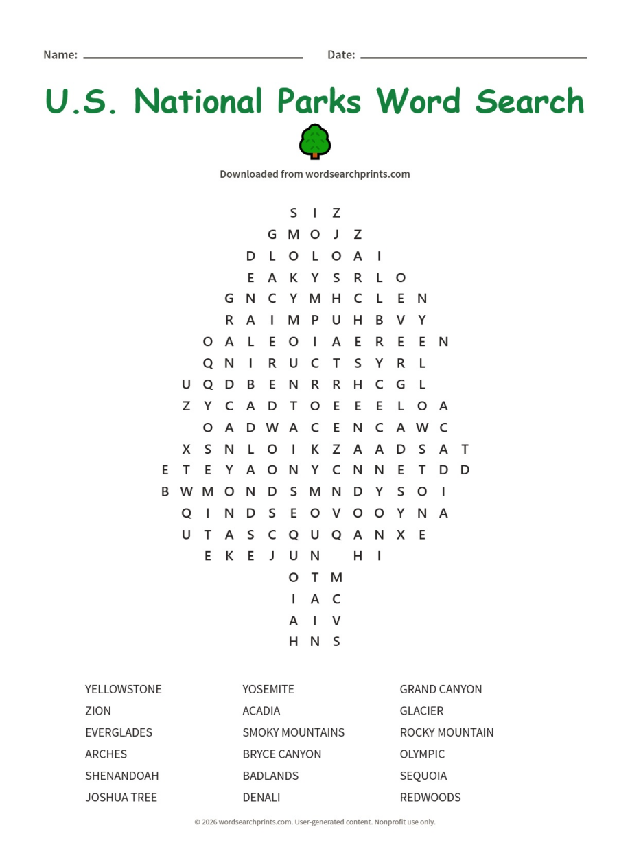 U.S. National Parks Word Search