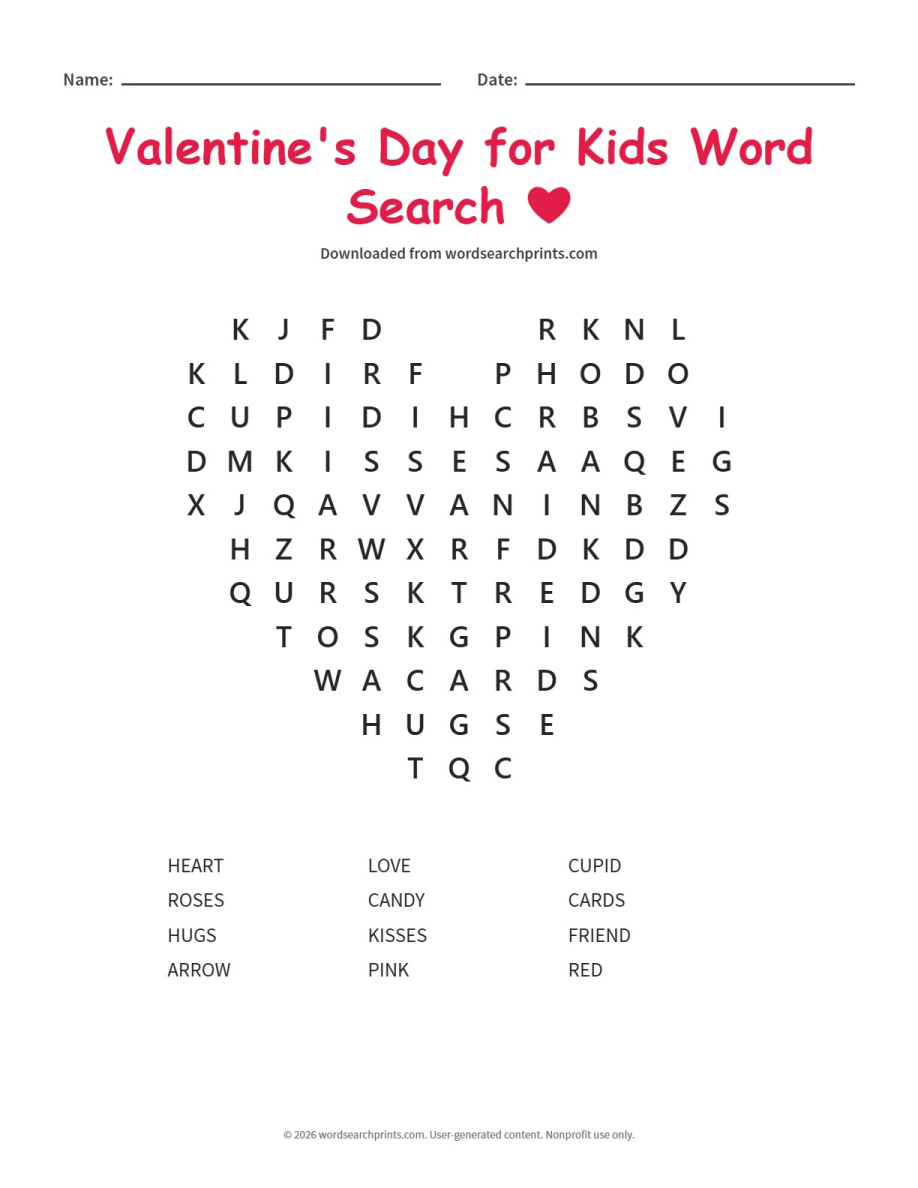 Valentine's Day for Kids Word Search printable worksheet preview