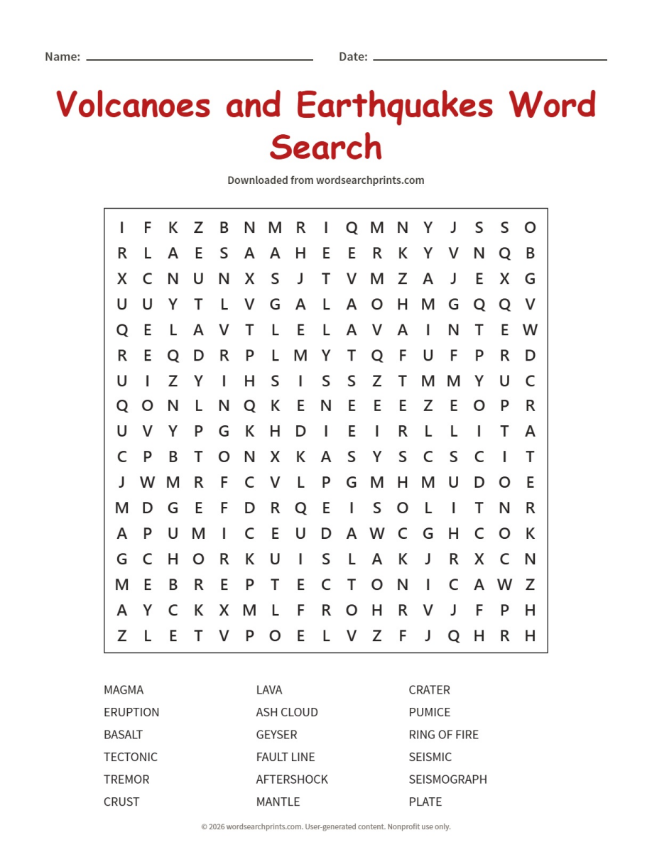 Volcanoes and Earthquakes Word Search