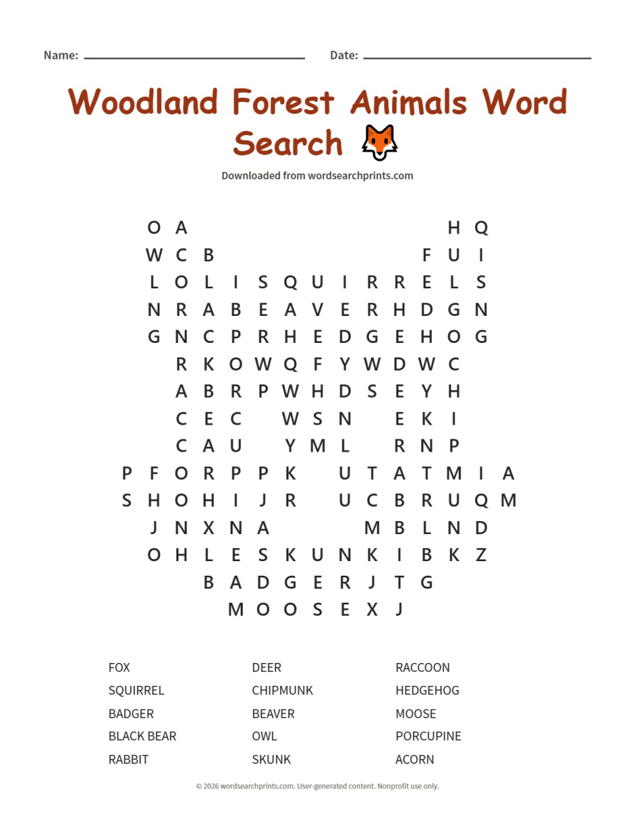 Woodland Forest Animals Word Search