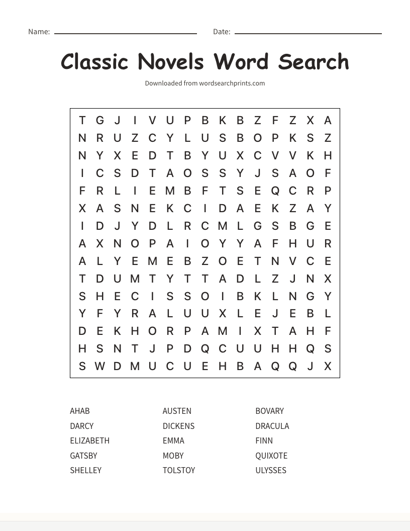 Printable classic novels word search puzzle for adults