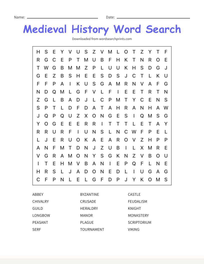 Printable medieval history word search puzzle