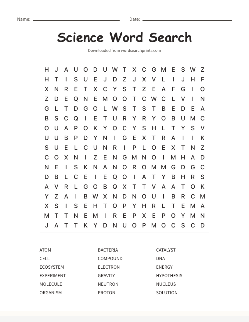 Printable science word search puzzle
